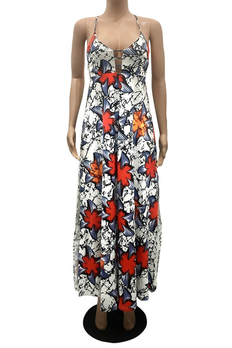 Spring New Stylish Batch Printing Hollow High Slit Lace-Up Sling Inelastic Backless Plus Size Sexy Maxi Dress