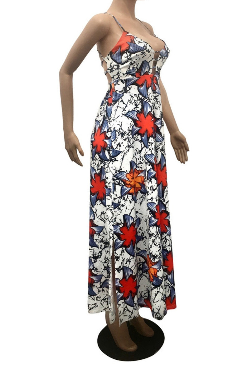 Spring New Stylish Batch Printing Hollow High Slit Lace-Up Sling Inelastic Backless Plus Size Sexy Maxi Dress