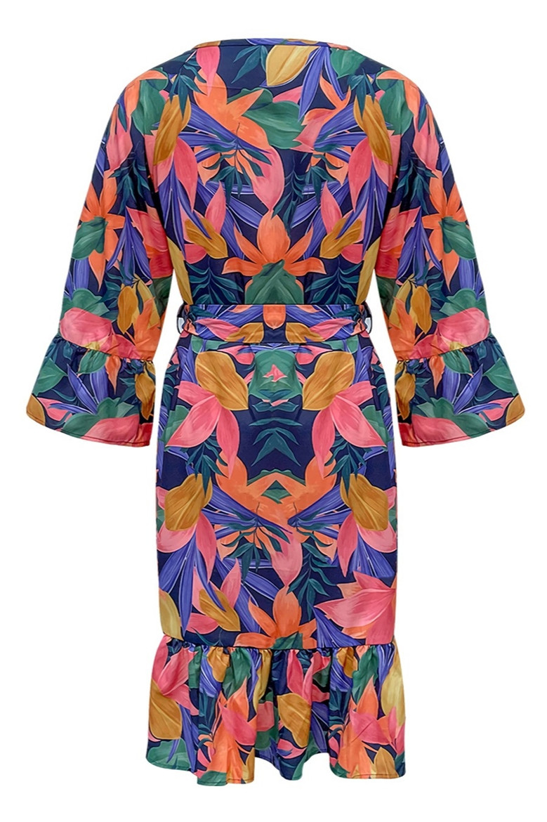 Spring New Stylish Batch Printing Inelastic Pleated Plus Size Casual Midi Dress(With Belt) Floral Dresses