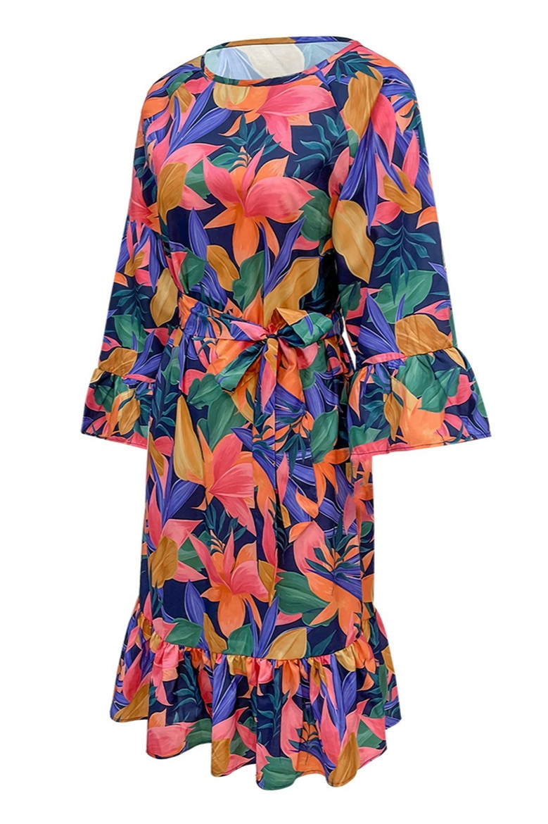 Spring New Stylish Batch Printing Inelastic Pleated Plus Size Casual Midi Dress(With Belt) Floral Dresses