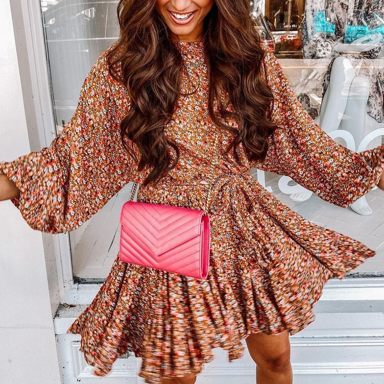 Spring New Stylish Batch Printing Inelastic Pleated Plus Size Loose Casual Mini Dress(With Belt)