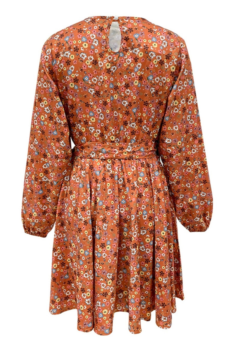 Spring New Stylish Batch Printing Inelastic Pleated Plus Size Loose Casual Mini Dress(With Belt)