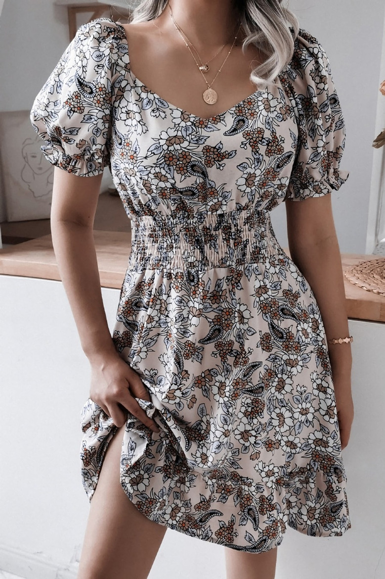 Spring New Stylish Batch Printing Stretch Ruffled Puff Sleeve Casual Mini Dress