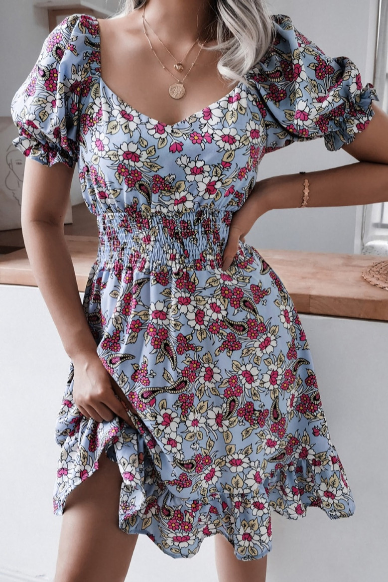 Spring New Stylish Batch Printing Stretch Ruffled Puff Sleeve Casual Mini Dress