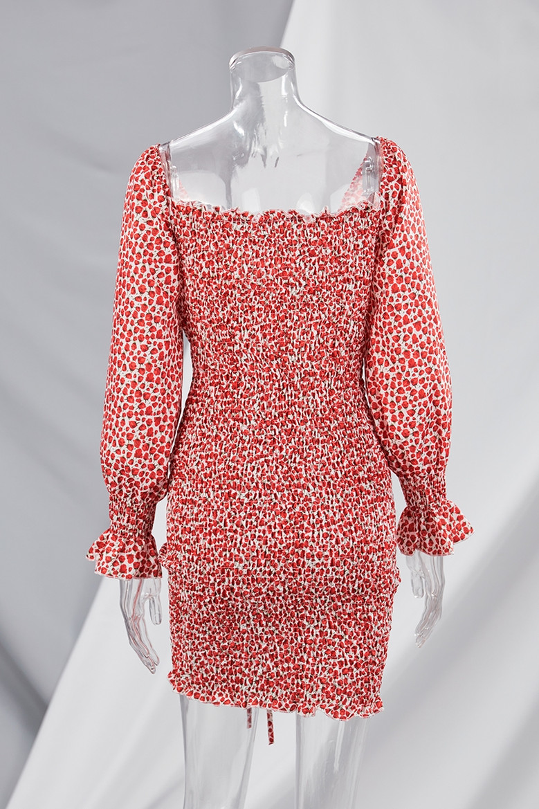 Spring New Stylish Batch Printing Stretch Slim Plus Size Shirring Sexy Mini Dress