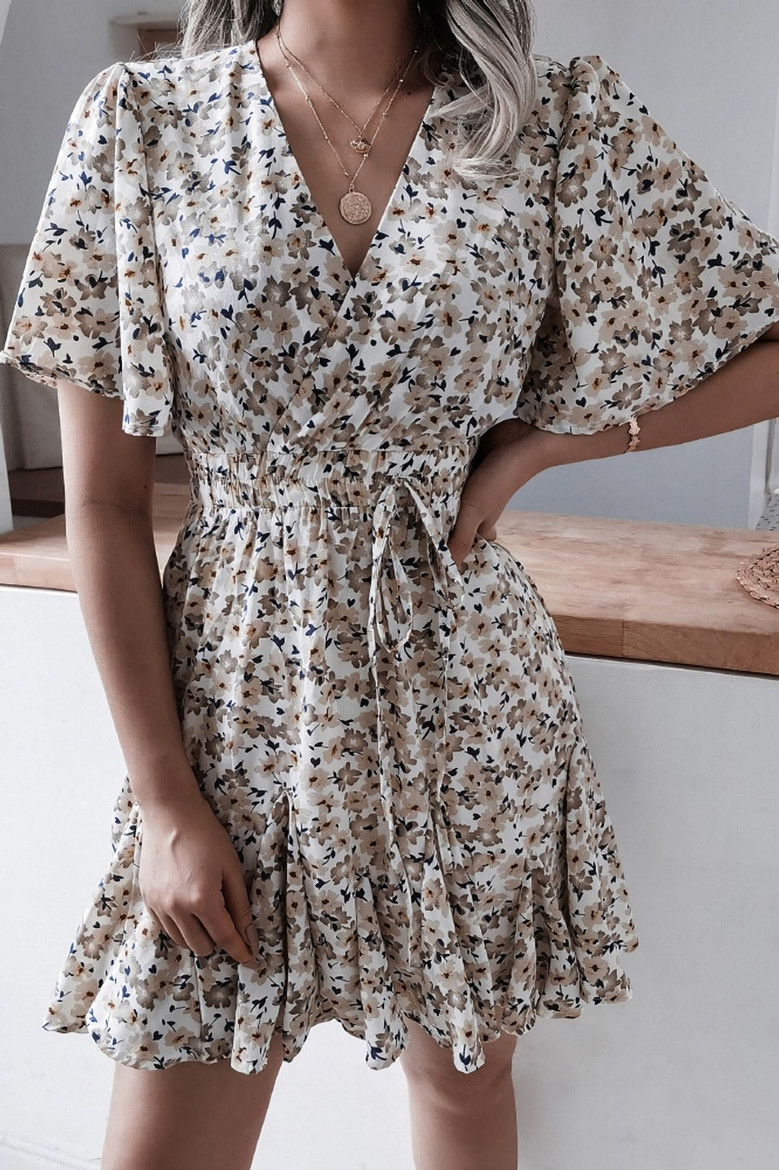 Spring New Stylish Batch Printing V-Neck Inelastic Pleated Casual Mini Dress