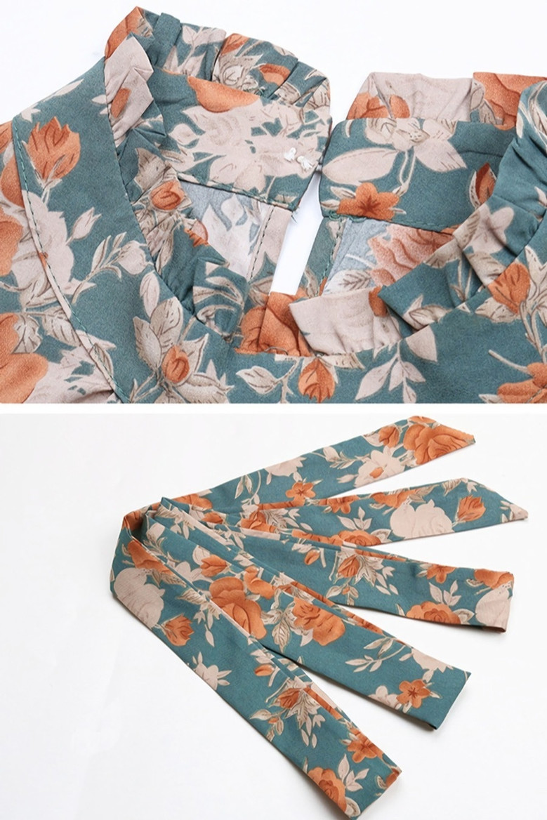 Spring New Stylish Floral Batch Printing Inelastic Button With Belt Pleated Casual Midi Dress
