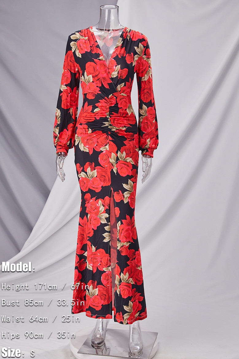 Spring New Stylish Flower Batch Printing Stretch V Neck High Slit Sexy Maxi Dress