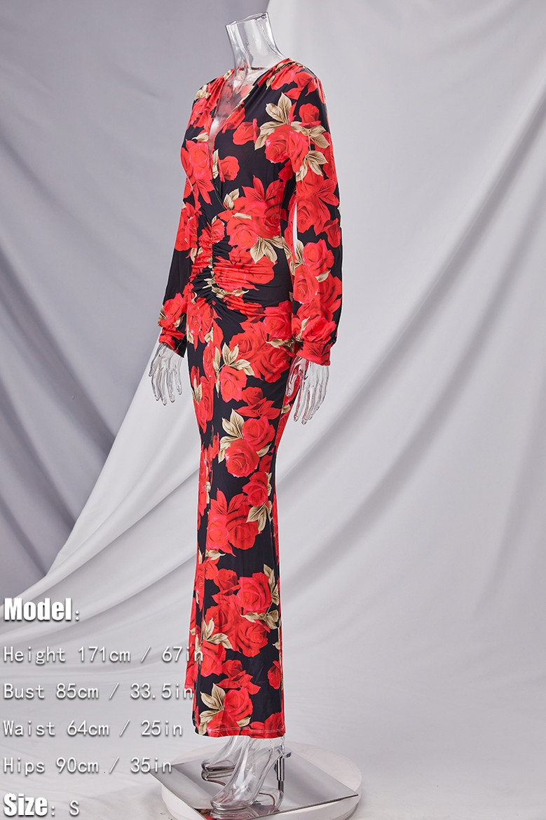 Spring New Stylish Flower Batch Printing Stretch V Neck High Slit Sexy Maxi Dress