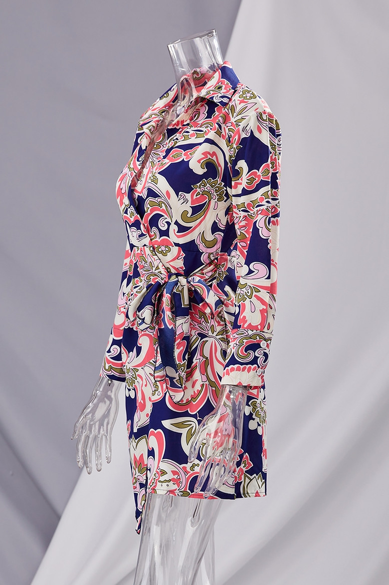 Spring New Stylish Inelastic Flower Batch Printing Lace-Up Irregular Casual Mini Dress