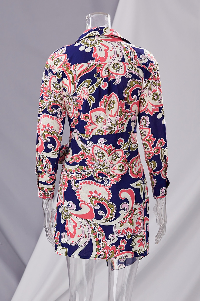 Spring New Stylish Inelastic Flower Batch Printing Lace-Up Irregular Casual Mini Dress