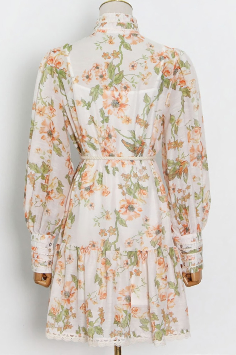Spring New Stylish Inelastic Flower & Leaf Batch Printing Single-Breasted Lace Spliced Lantern Sleeve High Quality Elegant Mini Dress With White Mini Dress & Belt