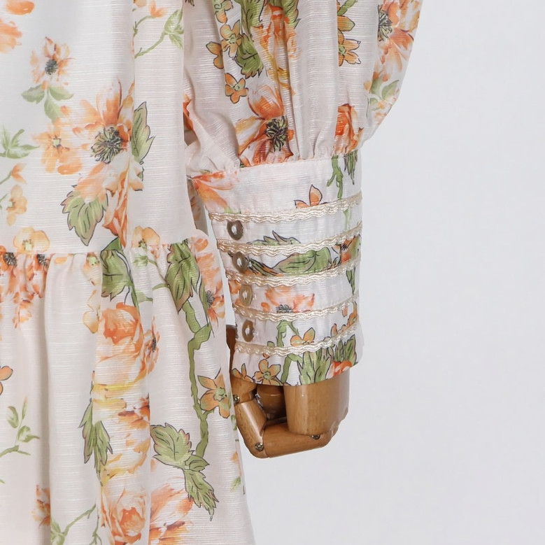 Spring New Stylish Inelastic Flower & Leaf Batch Printing Single-Breasted Lace Spliced Lantern Sleeve High Quality Elegant Mini Dress With White Mini Dress & Belt