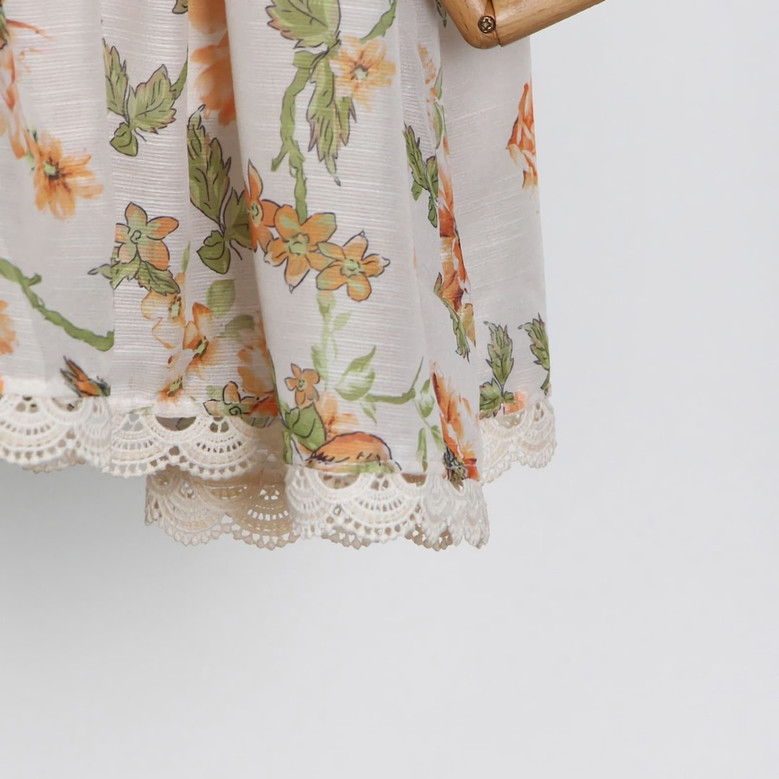 Spring New Stylish Inelastic Flower & Leaf Batch Printing Single-Breasted Lace Spliced Lantern Sleeve High Quality Elegant Mini Dress With White Mini Dress & Belt
