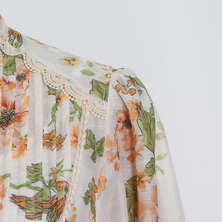 Spring New Stylish Inelastic Flower & Leaf Batch Printing Single-Breasted Lace Spliced Lantern Sleeve High Quality Elegant Mini Dress With White Mini Dress & Belt