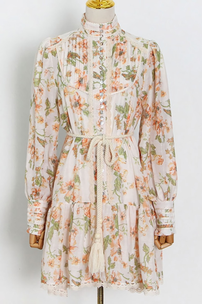 Spring New Stylish Inelastic Flower & Leaf Batch Printing Single-Breasted Lace Spliced Lantern Sleeve High Quality Elegant Mini Dress With White Mini Dress & Belt