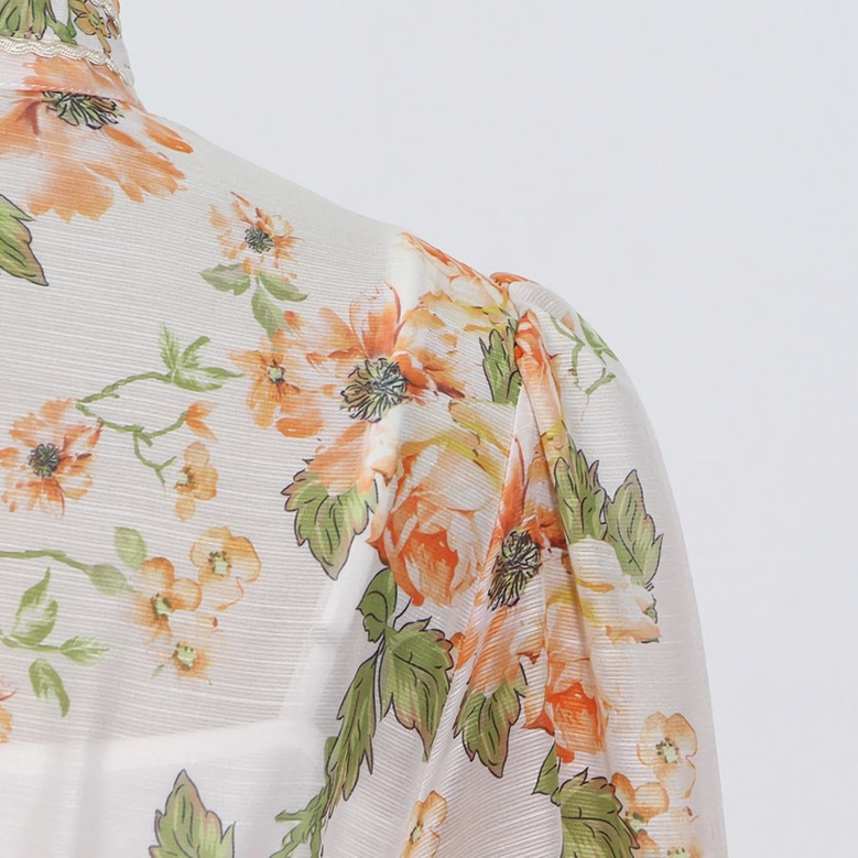 Spring New Stylish Inelastic Flower & Leaf Batch Printing Single-Breasted Lace Spliced Lantern Sleeve High Quality Elegant Mini Dress With White Mini Dress & Belt