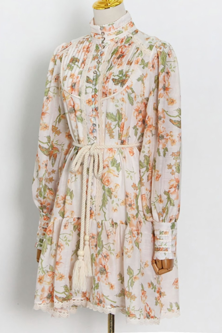 Spring New Stylish Inelastic Flower & Leaf Batch Printing Single-Breasted Lace Spliced Lantern Sleeve High Quality Elegant Mini Dress With White Mini Dress & Belt