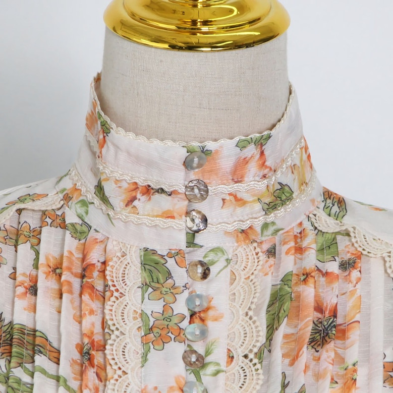 Spring New Stylish Inelastic Flower & Leaf Batch Printing Single-Breasted Lace Spliced Lantern Sleeve High Quality Elegant Mini Dress With White Mini Dress & Belt