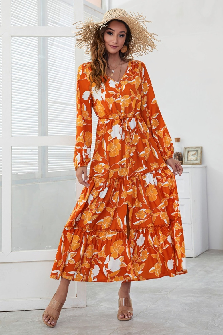 Spring New Stylish Orange Batch Printing Single Breasted Micro Elastic Loose Slit Plus Size Casual Maxi Dress