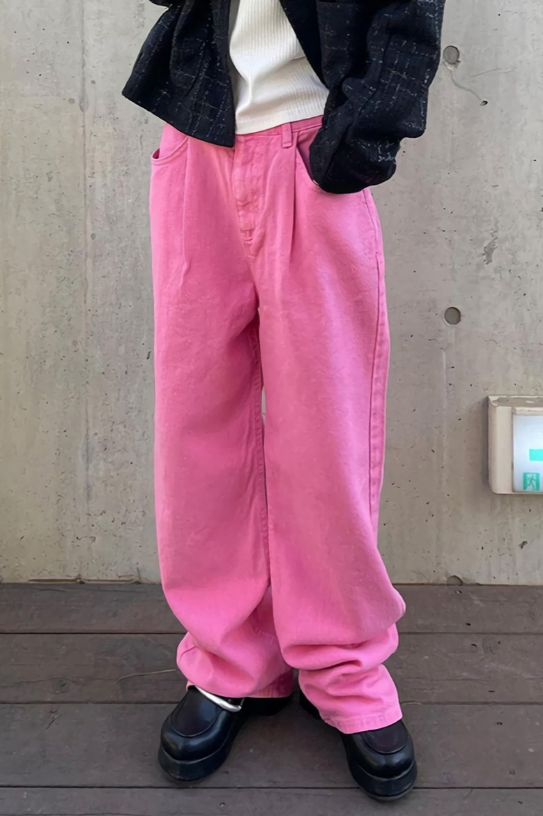 Spring New Stylish Solid Color Inelastic Button Pockets Zip-Up Loose Casual Denim Pants