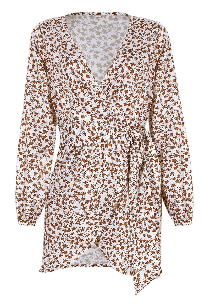 Spring Plus Size Floral Printing Inelastic V-Neck Tie-Waist Stylish Mini Dress