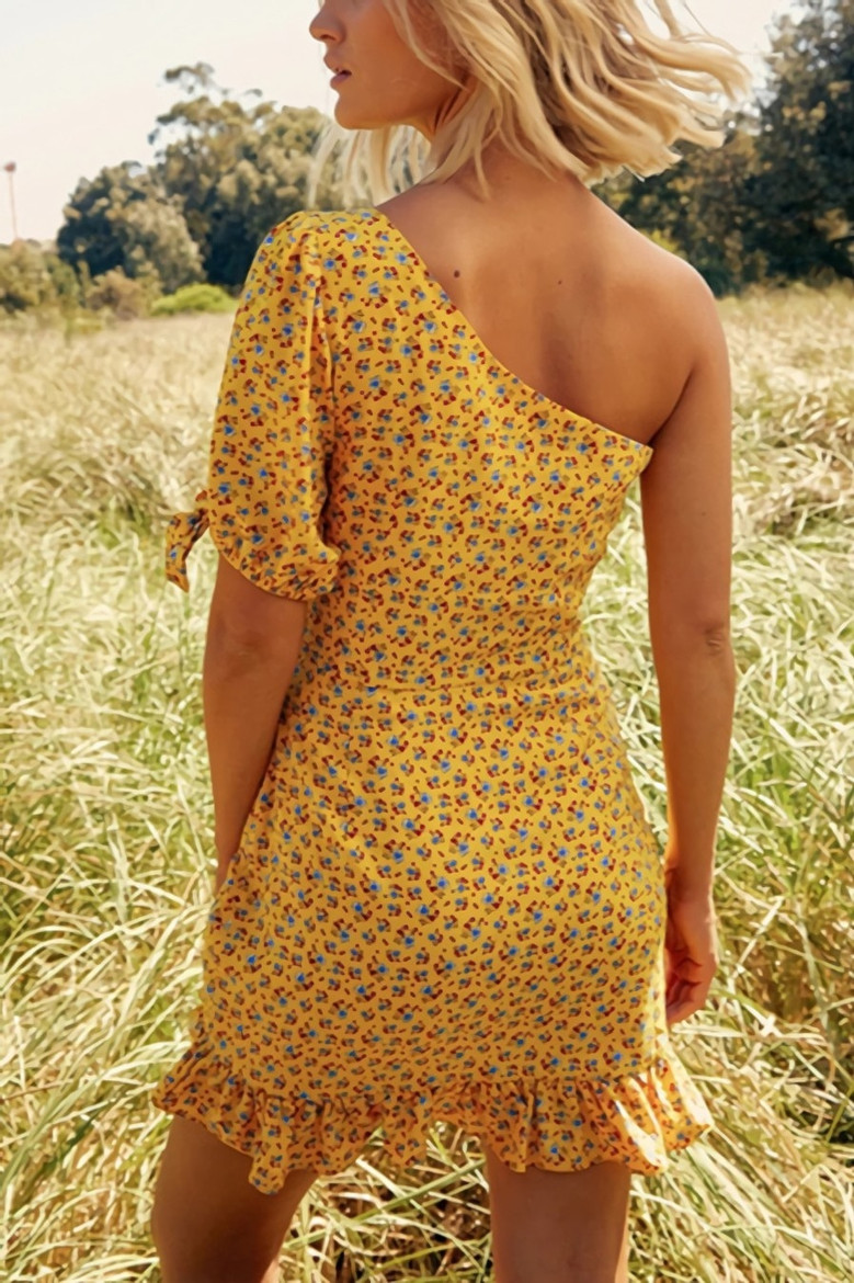 Spring & Summer New Floral Batch Printing Inelastic One Shoulder Shirring Ruffle Decor Zip-Up Slim Stylish Retro Mini Dress