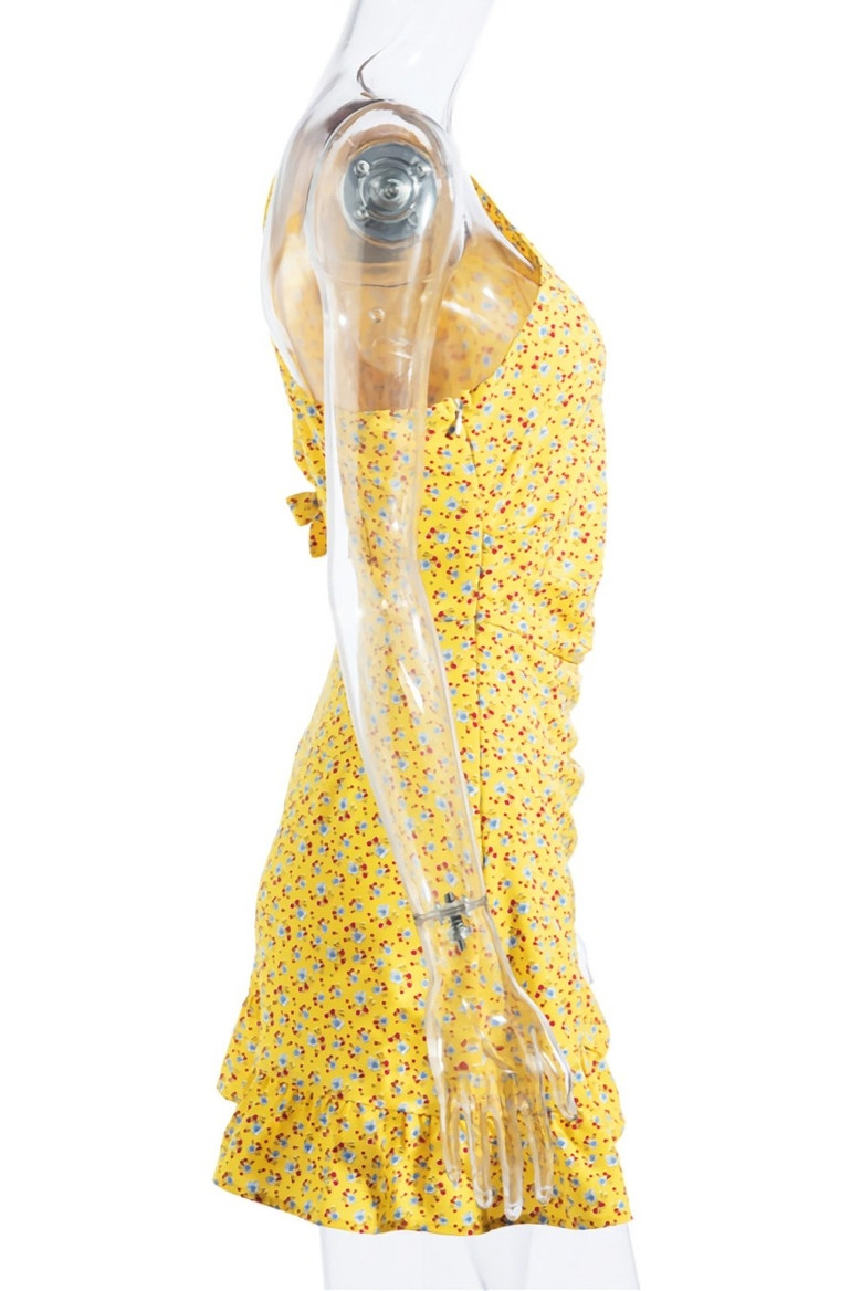 Spring & Summer New Floral Batch Printing Inelastic One Shoulder Shirring Ruffle Decor Zip-Up Slim Stylish Retro Mini Dress