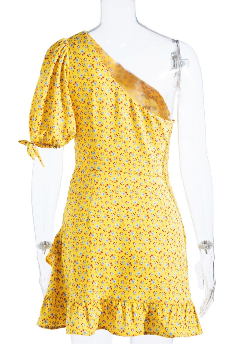Spring & Summer New Floral Batch Printing Inelastic One Shoulder Shirring Ruffle Decor Zip-Up Slim Stylish Retro Mini Dress