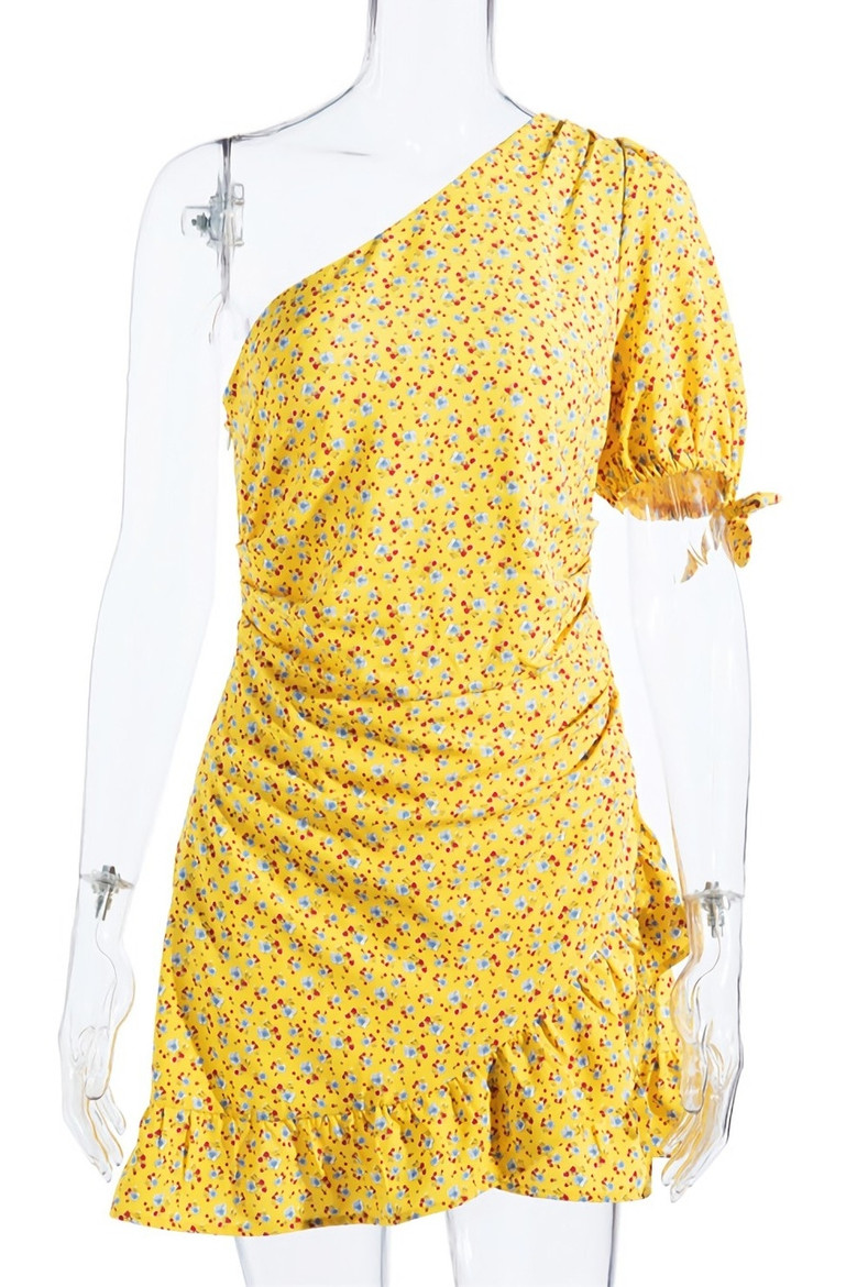 Spring & Summer New Floral Batch Printing Inelastic One Shoulder Shirring Ruffle Decor Zip-Up Slim Stylish Retro Mini Dress