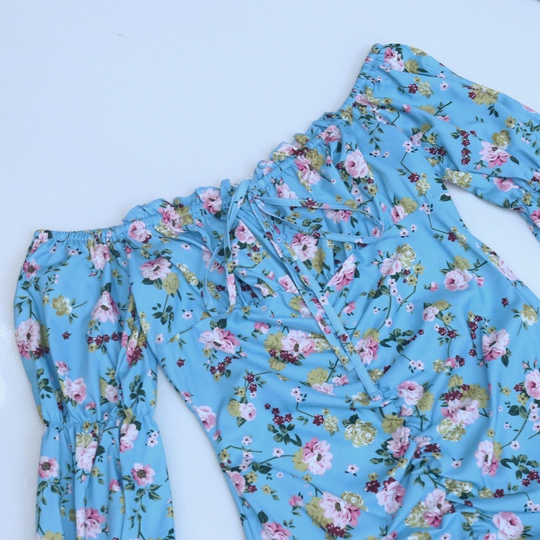 Spring & Summer New Floral Batch Printing Smocked Puff Sleeves Frill Trim Lace Up Zip-Up Bodycon Stylish Mini Dress Floral Dresses