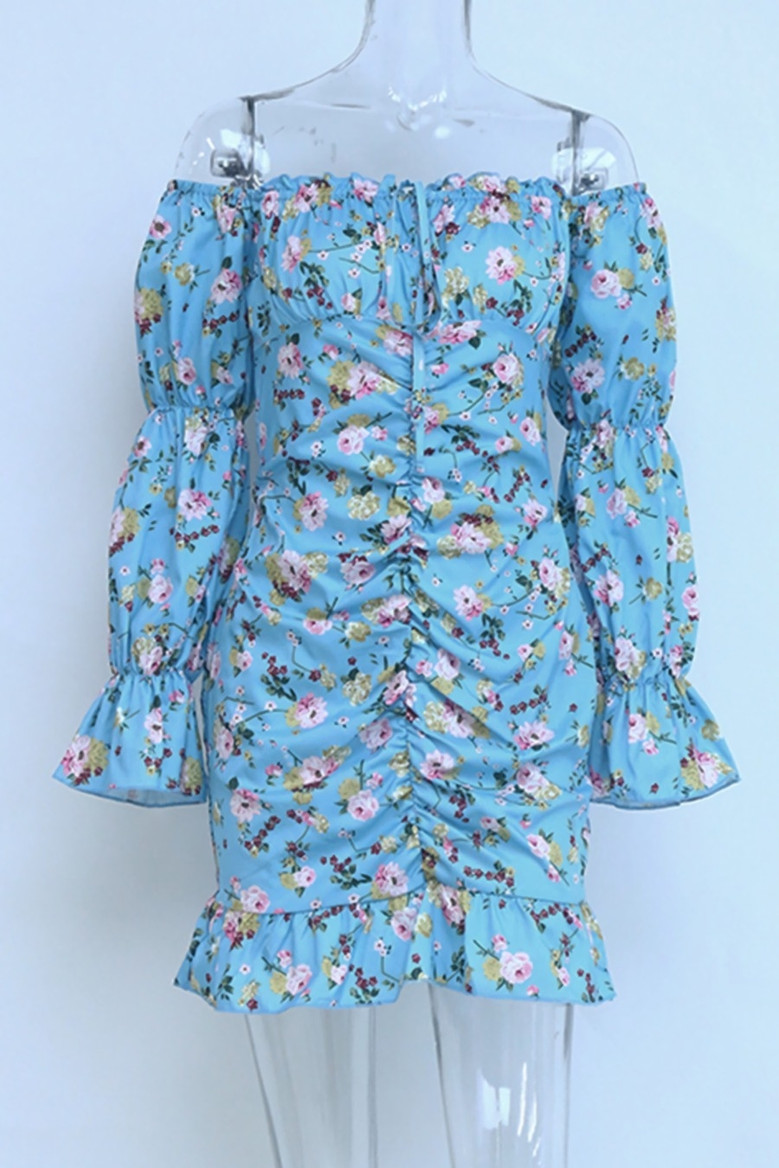 Spring & Summer New Floral Batch Printing Smocked Puff Sleeves Frill Trim Lace Up Zip-Up Bodycon Stylish Mini Dress Floral Dresses