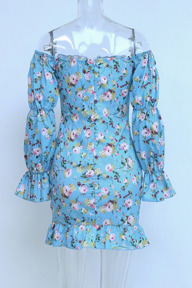 Spring & Summer New Floral Batch Printing Smocked Puff Sleeves Frill Trim Lace Up Zip-Up Bodycon Stylish Mini Dress Floral Dresses