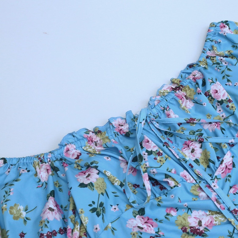 Spring & Summer New Floral Batch Printing Smocked Puff Sleeves Frill Trim Lace Up Zip-Up Bodycon Stylish Mini Dress Floral Dresses