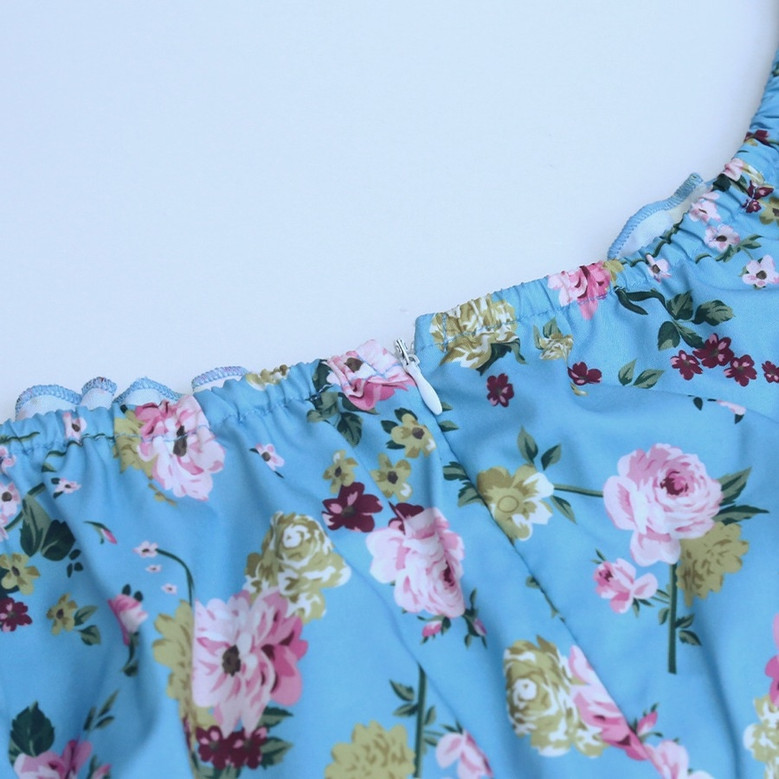Spring & Summer New Floral Batch Printing Smocked Puff Sleeves Frill Trim Lace Up Zip-Up Bodycon Stylish Mini Dress Floral Dresses