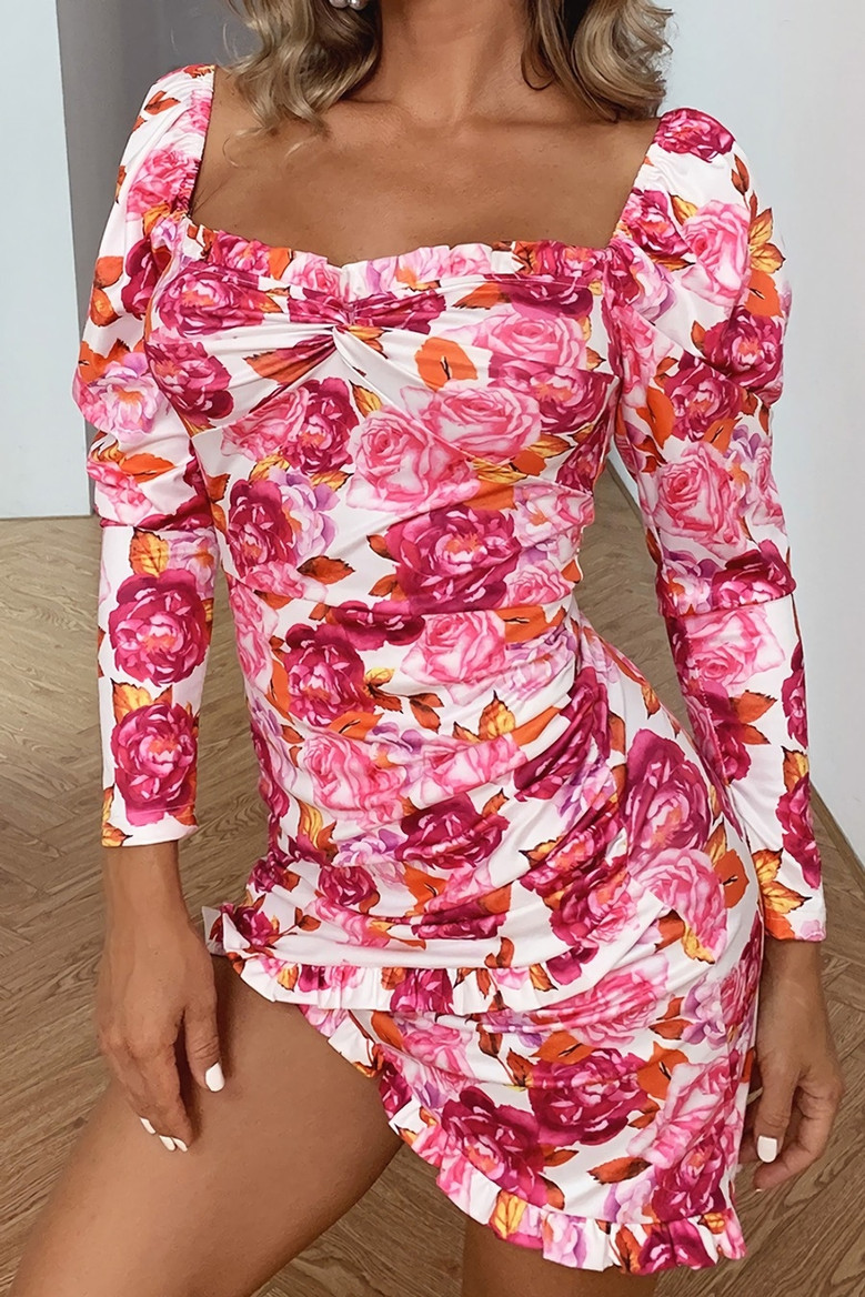 Spring & Summer New Floral Batch Printing Stretch Frill Trim Smocked Bodycon Stylish Pretty Mini Dress
