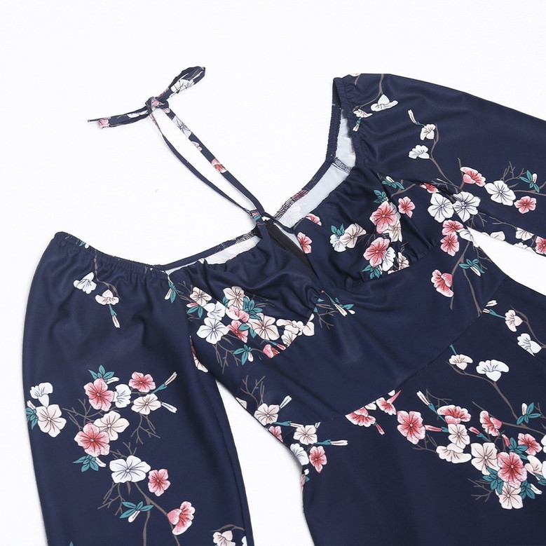Spring & Summer New Floral Batch Printing Stretch Halter-Neck Hollow Shirring Self-Tie Zip-Up Slit Stylish Midi Dress