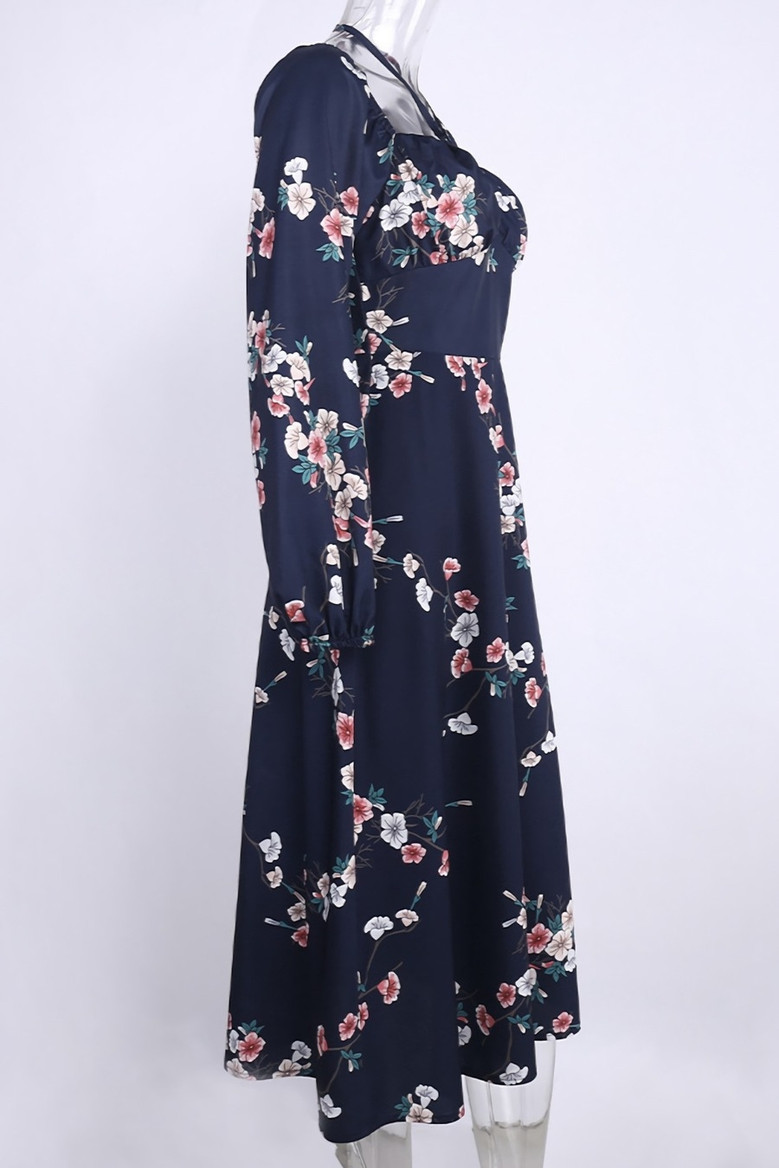 Spring & Summer New Floral Batch Printing Stretch Halter-Neck Hollow Shirring Self-Tie Zip-Up Slit Stylish Midi Dress