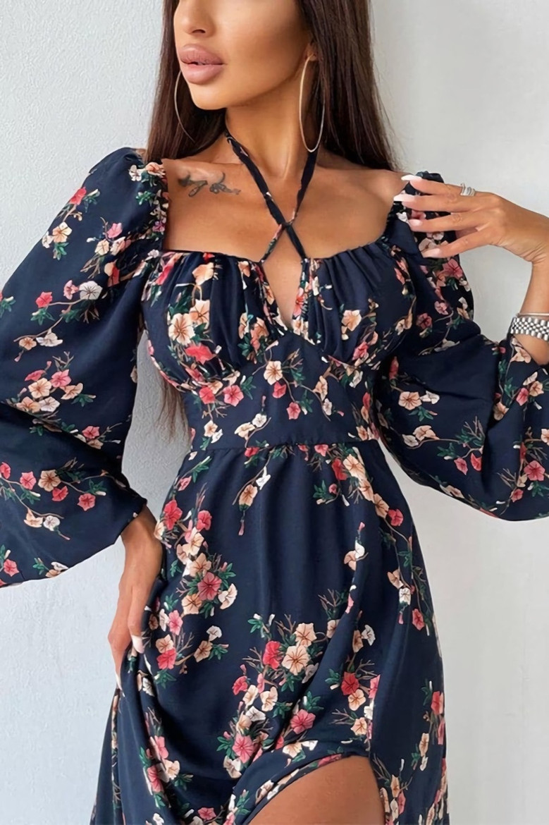 Spring & Summer New Floral Batch Printing Stretch Halter-Neck Hollow Shirring Self-Tie Zip-Up Slit Stylish Midi Dress