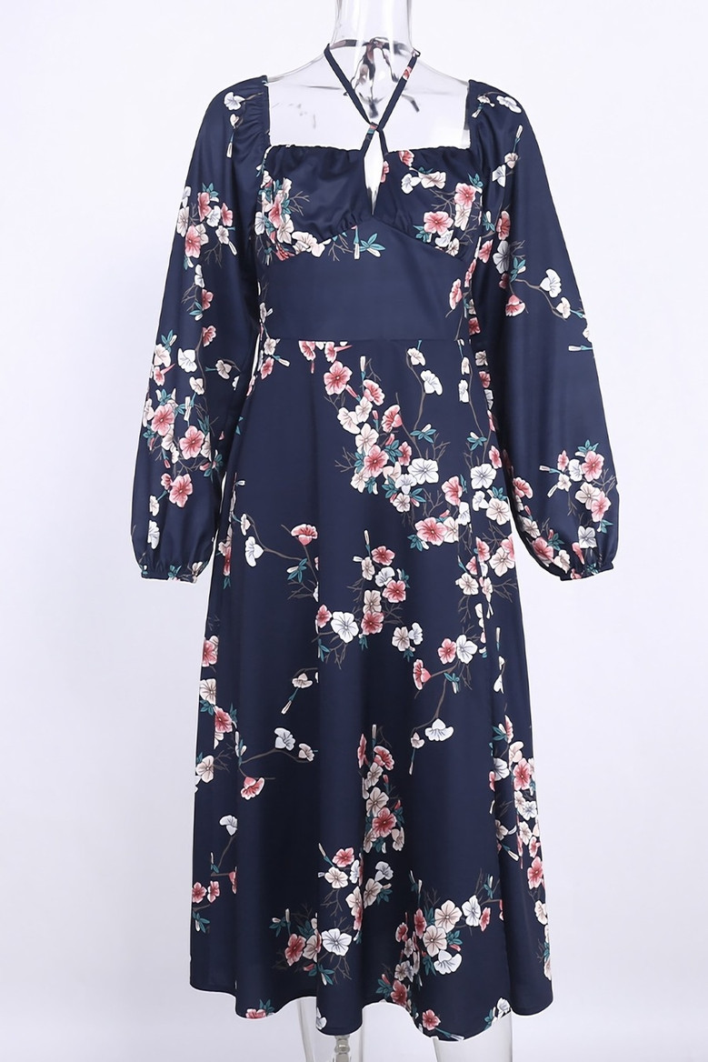 Spring & Summer New Floral Batch Printing Stretch Halter-Neck Hollow Shirring Self-Tie Zip-Up Slit Stylish Midi Dress