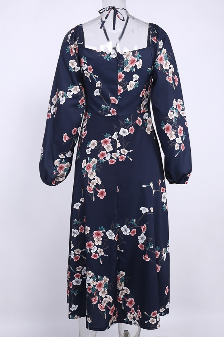 Spring & Summer New Floral Batch Printing Stretch Halter-Neck Hollow Shirring Self-Tie Zip-Up Slit Stylish Midi Dress
