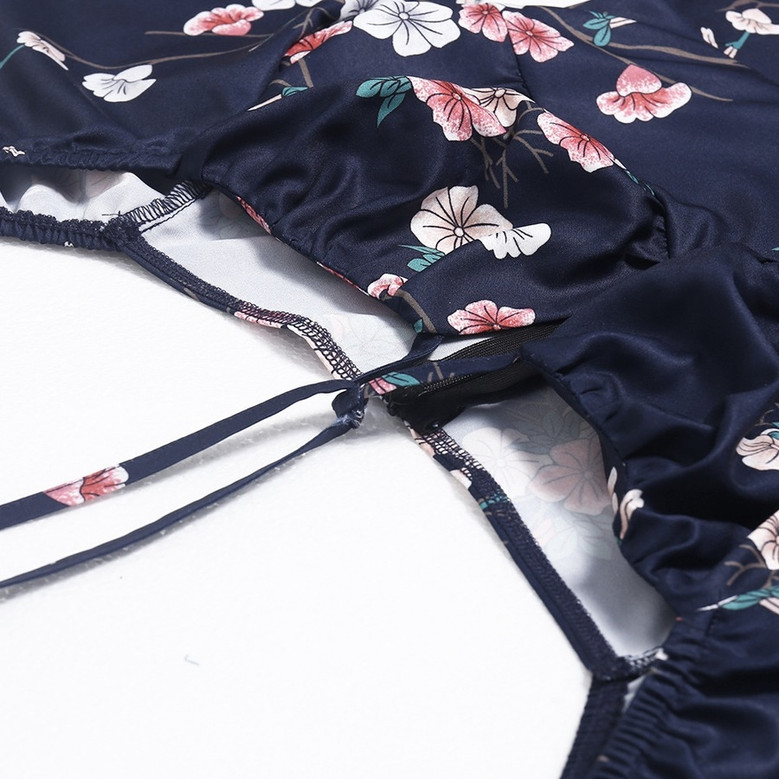 Spring & Summer New Floral Batch Printing Stretch Halter-Neck Hollow Shirring Self-Tie Zip-Up Slit Stylish Midi Dress