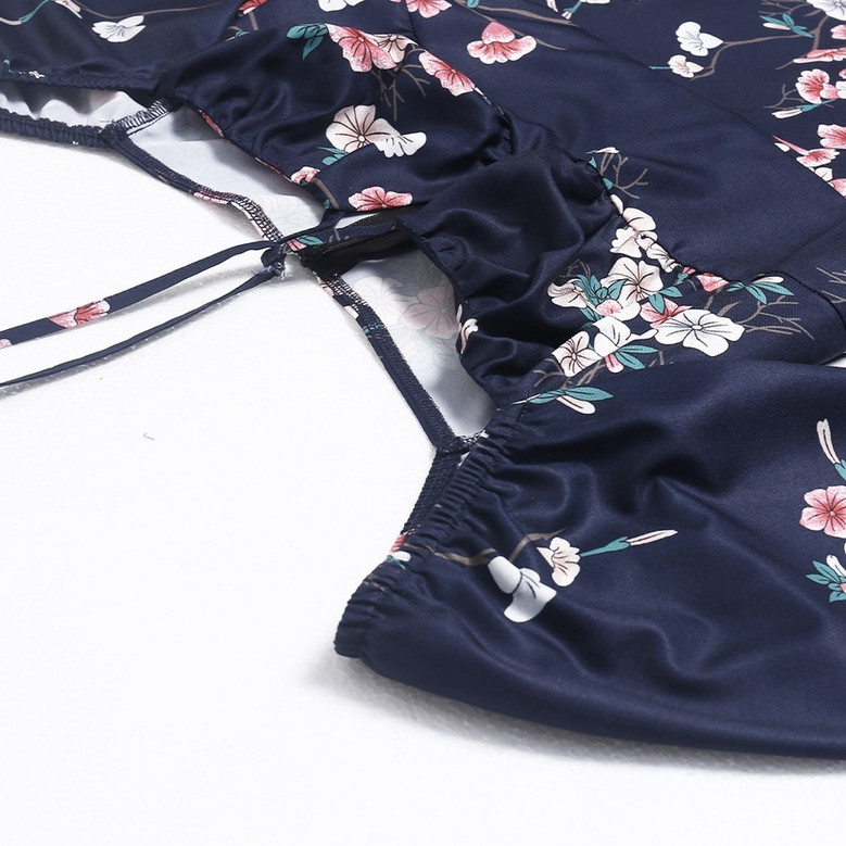 Spring & Summer New Floral Batch Printing Stretch Halter-Neck Hollow Shirring Self-Tie Zip-Up Slit Stylish Midi Dress