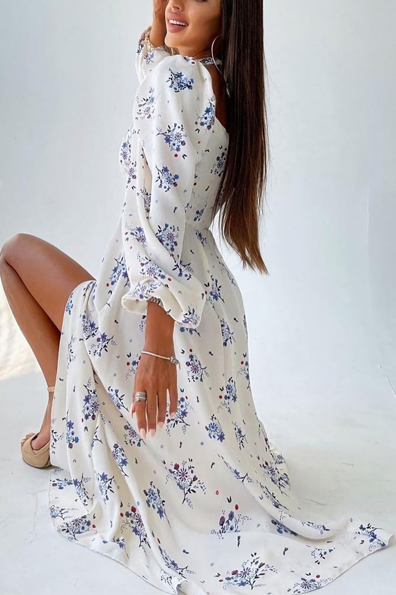 Spring & Summer New Floral Batch Printing Stretch Hollow Halter-Neck Lace Up Shirring Slit Stylish Midi Dress