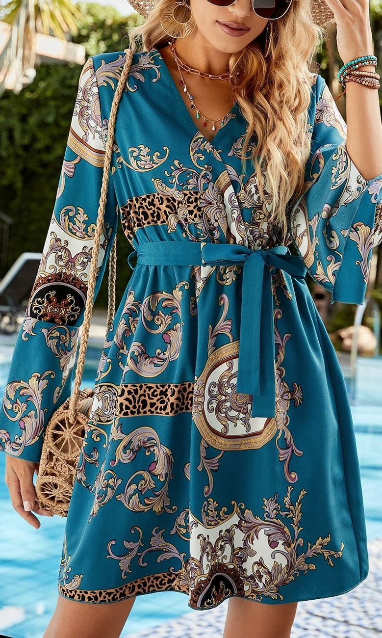 Spring & Summer New Floral & Leopard Batch Printing Trumpet Sleeve V-Neck Nipped Waist Lace Up Stylish Bohemian Mini Dress(With Belt)