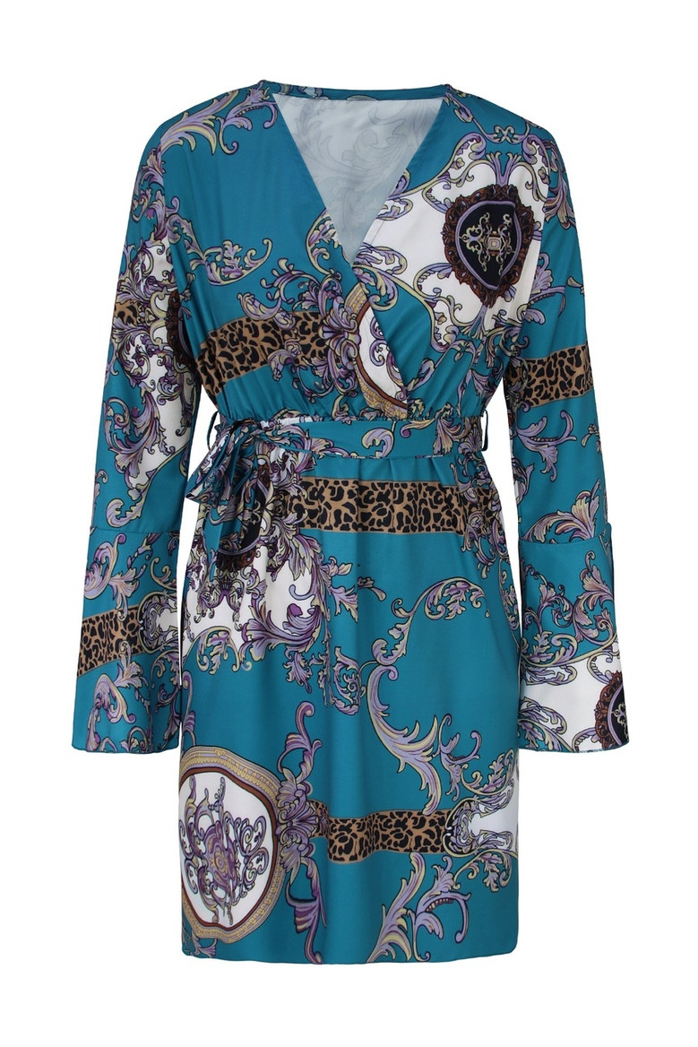 Spring & Summer New Floral & Leopard Batch Printing Trumpet Sleeve V-Neck Nipped Waist Lace Up Stylish Bohemian Mini Dress(With Belt)
