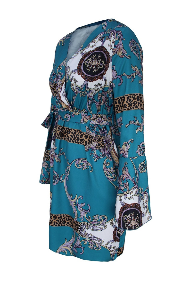 Spring & Summer New Floral & Leopard Batch Printing Trumpet Sleeve V-Neck Nipped Waist Lace Up Stylish Bohemian Mini Dress(With Belt)