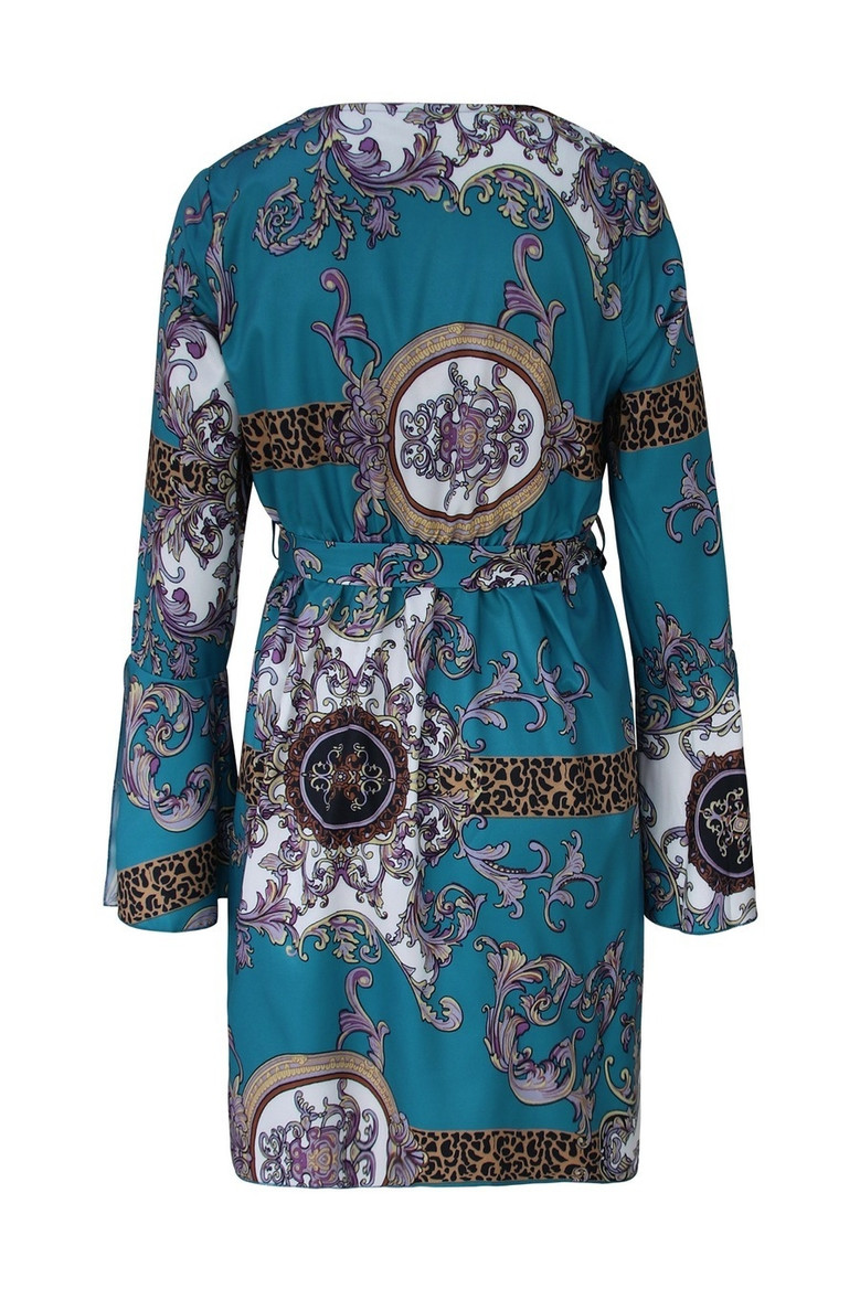 Spring & Summer New Floral & Leopard Batch Printing Trumpet Sleeve V-Neck Nipped Waist Lace Up Stylish Bohemian Mini Dress(With Belt)