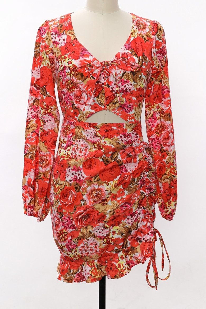 Spring & Summer New V-Neck Floral Batch Printing Stretch Hollow Smocked Frill Trim Lace Up Stylish Retro Mini Dress Sexy Dresses