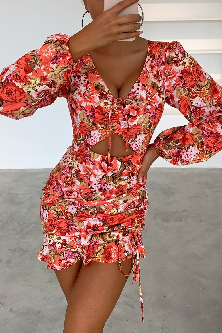 Spring & Summer New V-Neck Floral Batch Printing Stretch Hollow Smocked Frill Trim Lace Up Stylish Retro Mini Dress Sexy Dresses